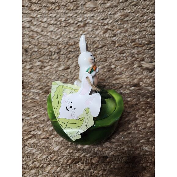 Ceramic Easter Bunny rabbit On Cabbage Bowl Candy Serving Trinket - Picture 2 of 5